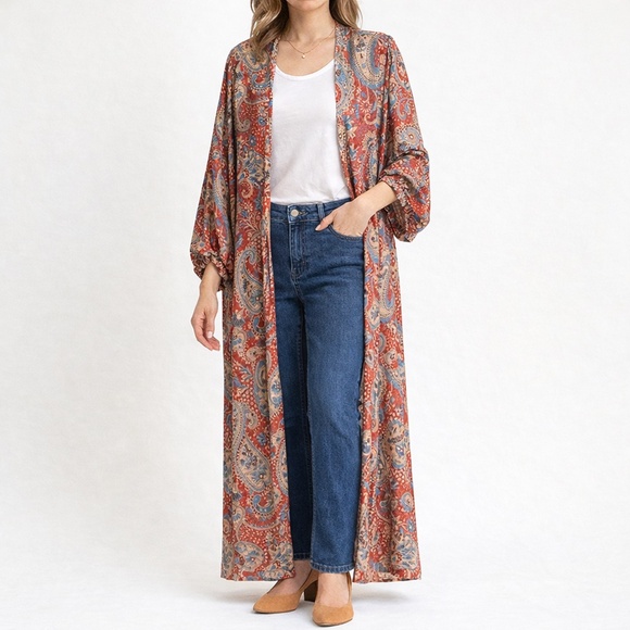 Adrienne Sweaters - Adrienne Maxi Boho Paisley Open Kimono Coverup Cardigan